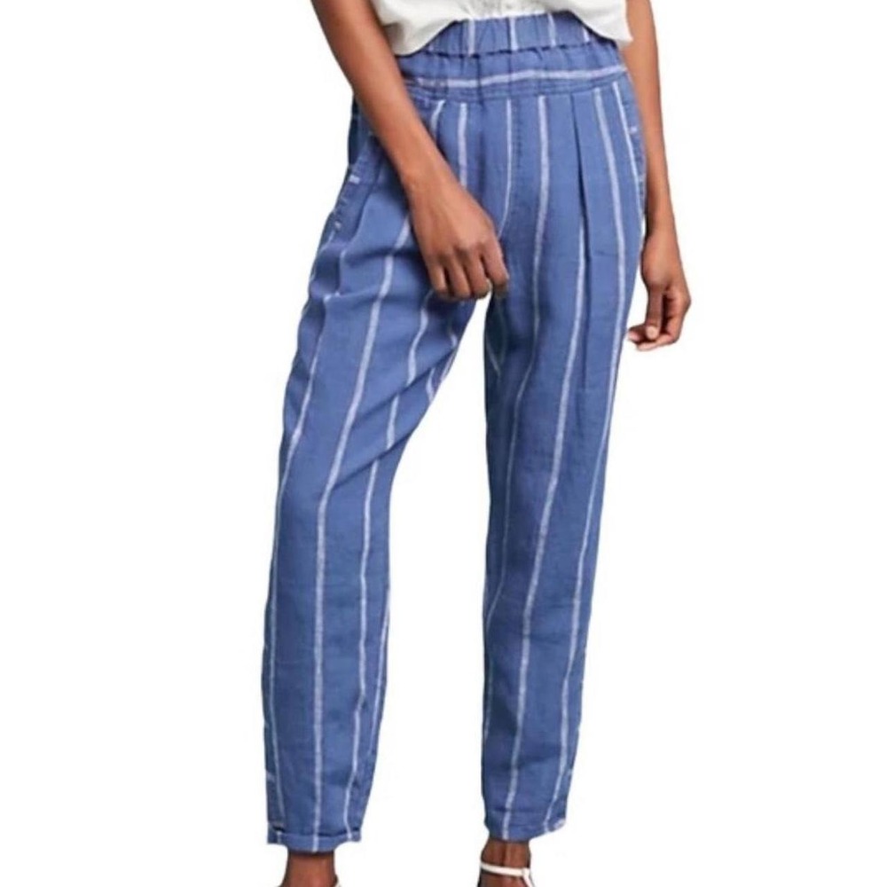 Anthropologie linen blue with white vertical striped pants in XS